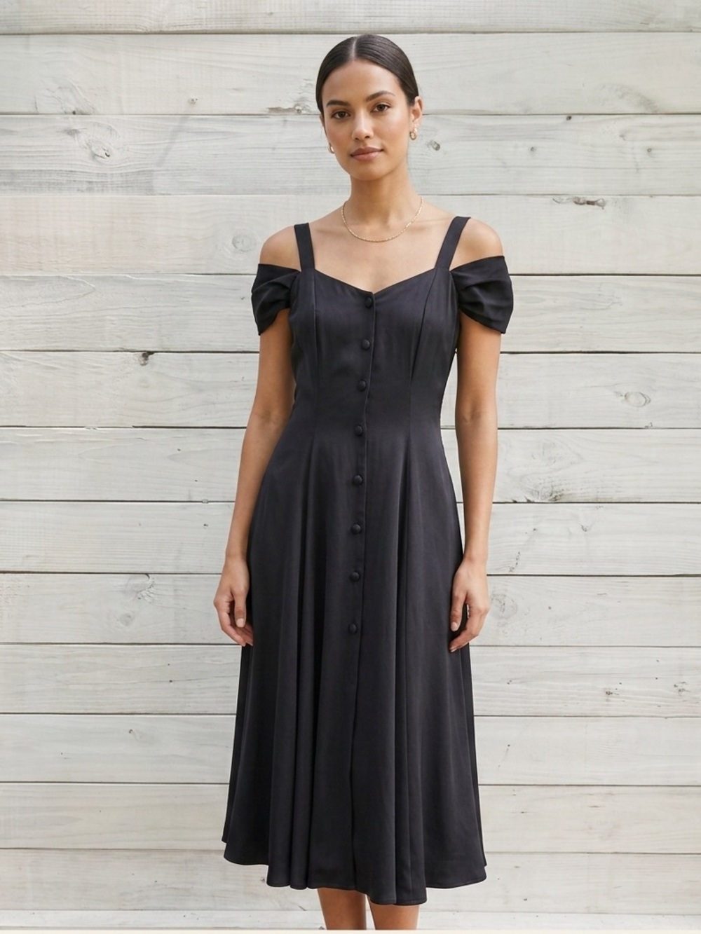 Vintage Moda Int’l Black Off Shoulder Button Midi Dress S Cottagecore Western